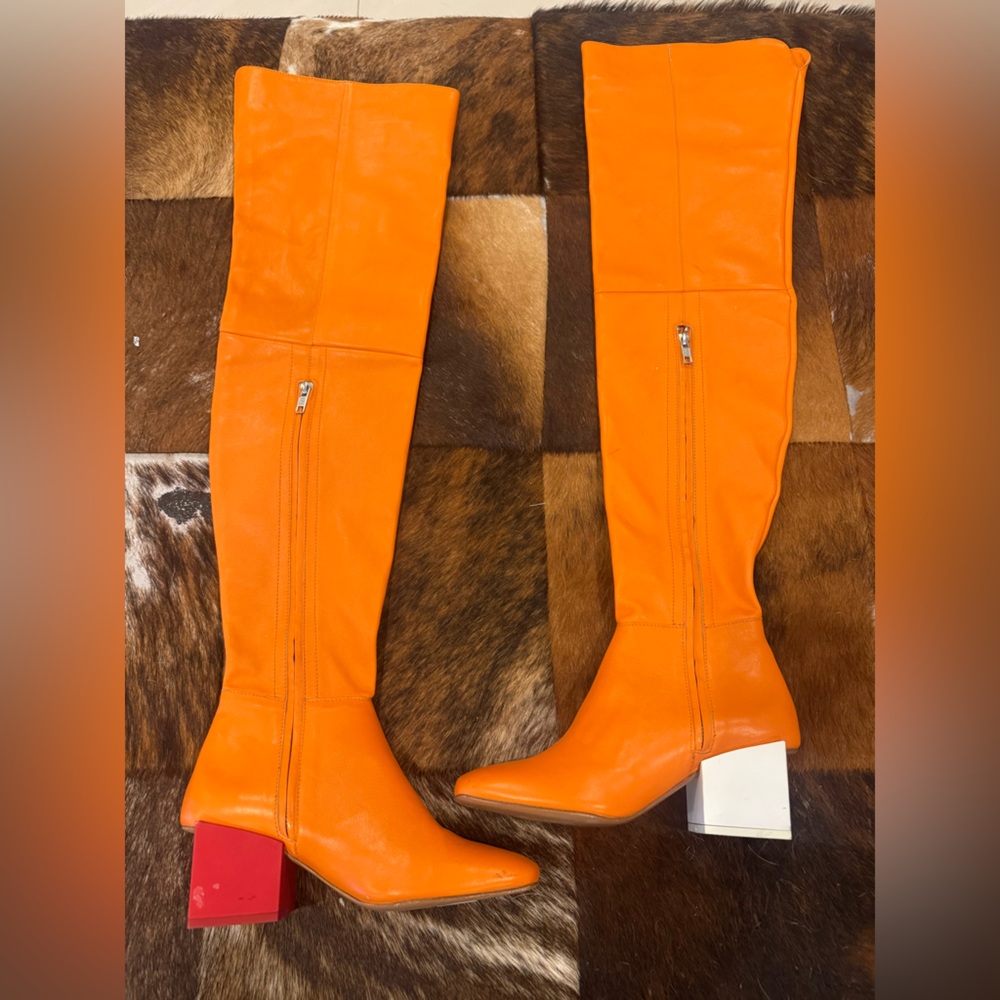 New Jacquemus Les Bottes Carré Ronds Orange Leather Over the Knee Boots - Picture 3 of 11
